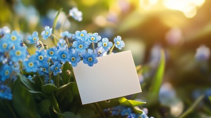 Sticker - A beautiful cluster of blue flowers with a blank card in a sunlit garden during the morning hours