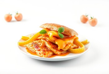 A close-up of a chicken sandwich with melted cheese and a side of french fries on a white plate.