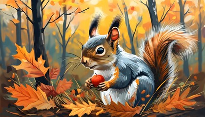 Charming Autumn Woodland Illustration Featuring a Cute Squirrel in Painting Style