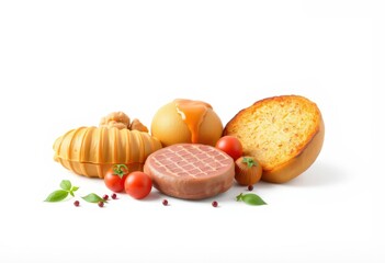 A composition of food items including a croissant, meat, bread, tomatoes, and herbs on a white background.