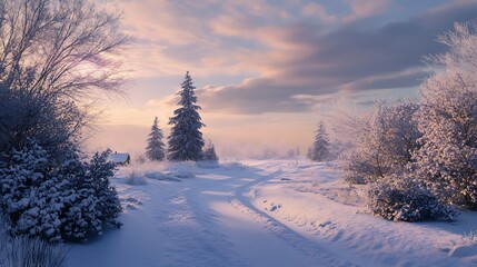 A snowy forest path winds through a tranquil landscape, with frost-covered trees and a hazy sunrise.