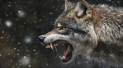 Wall Mural - a wolf snarls with bared teeth, its fur matted with rain and snow.
