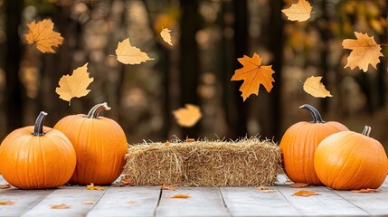 Two plump pumpkins rest on a wooden bench adorned with hay and a cozy blanket, nestled in an enchanting autumn forest filled with golden foliage