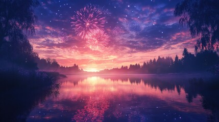 Wall Mural - Reflective River at Dusk with Colorful Fireworks