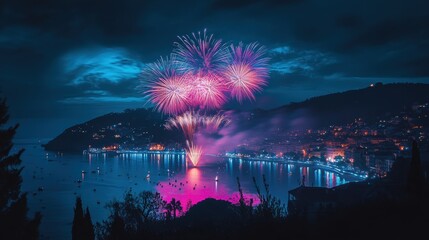 Sticker - vibrant fireworks display over coastal scene at night