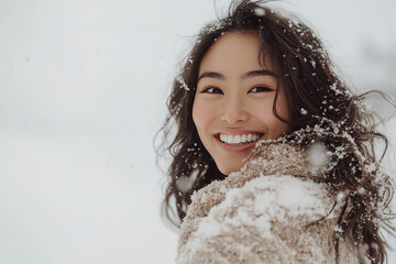 Wall Mural - Portrait of young beautiful smiling Asian woman in snowfall, cold winter season