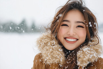 Wall Mural - Portrait of young beautiful smiling Asian woman in snowfall, cold winter season