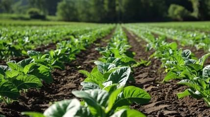 Pictured: a lush tobacco farm. Rows of healthy plants resemble books on shelves. A scene against a forest backdrop shows the meticulous care of the plants.