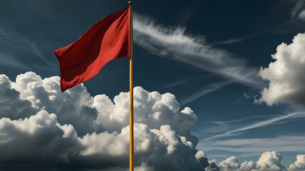 Wall Mural - sky is not the limit. a pencil stands towering, crowned with a red flag, set against a canvas of clo