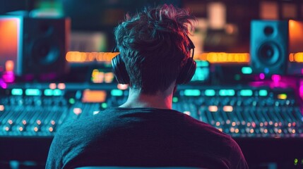 Creative sound engineer working in a vibrant music studio, immersed in mixing tracks and achieving the perfect audio balance.