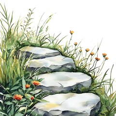 Wall Mural - Watercolor illustration of stone steps surrounded by lush greenery and orange flowers.