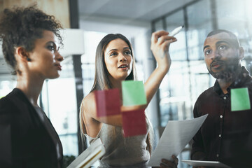 Poster - Sticky notes, man and women in team, writing and collaboration of people and smile for paperwork. Notebook, talking and financial advisor in group, document and planning for investment opportunity