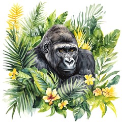 Sticker - Watercolor Illustration of a Gorilla in a Jungle Setting with Lush Greenery and Yellow Flowers.