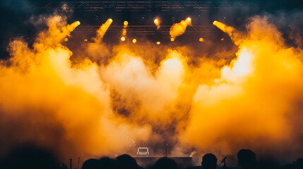 Bright yellow smoke swirling on a stage, adding a cheerful and sunny vibe