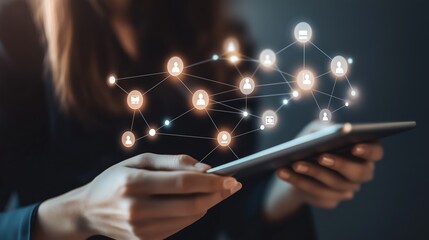 Poster - digital networking concept with a person holding a tablet showcasing interconnected data points and 