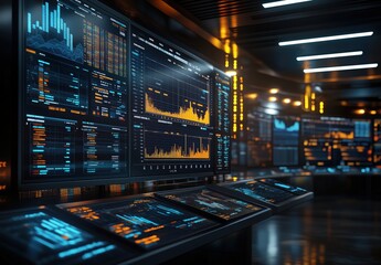 Poster - stock market trading room with financial data  displayed on large screens