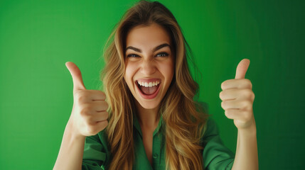 A woman wearing a bright green shirt is happily giving two thumbs up