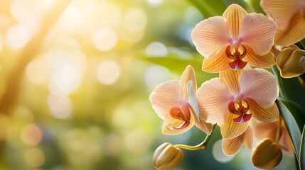 Wall Mural - Close up of beautiful blooming orchid flower on natural blurred background with space for text.