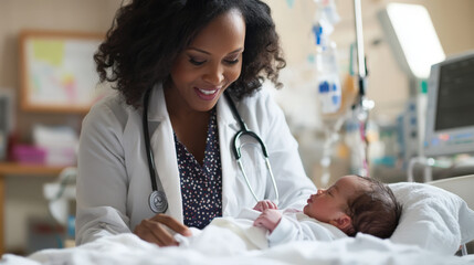 Doctor is smiling at a newborn baby while check up  in a hospital room