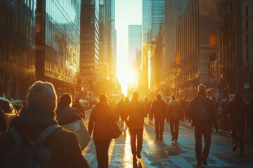 A vibrant city scene at sunset, filled with people walking along a bustling street illuminated by golden light.