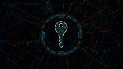 Blue digital security key logo with circle futuristic HUD elements and orange line connection with network firewall technology and data secure concepts abstract background