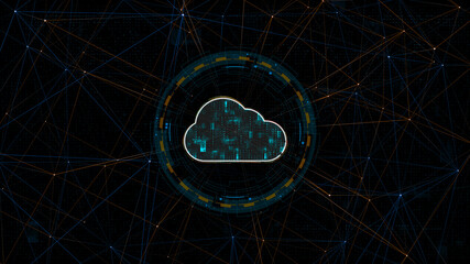 Poster - Blue digital cloud computing logo with circle futuristic HUD elements and orange line connection with storage big data backup technology concepts abstract background