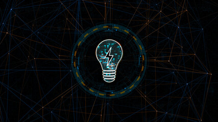 Poster - Blue digital light lamp logo with circle futuristic HUD elements and orange line connection with lightbulb and ideas concept on abstract background