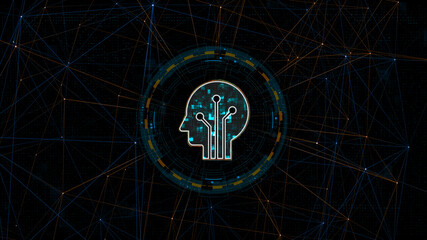 Fototapete - Blue digital Robot head logo with circle futuristic HUD elements and orange line connection with artificial intelligence and robot assistant machine learning on abstract background