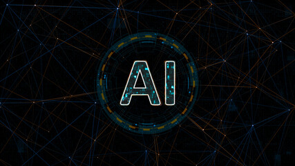 Fototapete - Blue digital AI logo with circle futuristic HUD elements and orange line connection with artificial intelligence and robot assistant machine learning concepts on abstract background