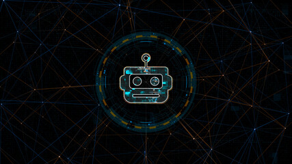 Fototapete - Blue digital Robot head logo with circle futuristic HUD elements and orange line connection with artificial intelligence and robot assistant machine learning on abstract background