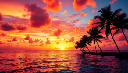 Poster - A breathtaking tropical sunset scene unfolds with vibrant hues of orange, pink, and purple engulfing the sky as the sun dips below the horizon, casting a warm glow over the serene ocean. 