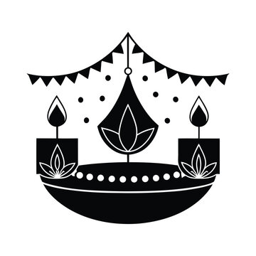 A silhouette vector illustration of a traditional Diwali Diya glowing on a soft pink background.
