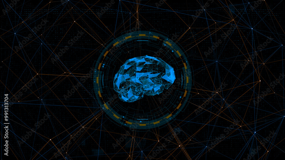 Blue digital brain logo with circle futuristic HUD element and orange ...