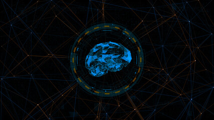 Fototapete - Blue digital brain logo with circle futuristic HUD element and orange line connection with artificial intelligence and robot assistant machine learning concept on abstract background