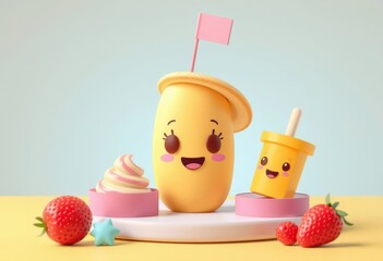 Cartoon ice cream, popsicle, and whipped cream on a yellow and blue background.