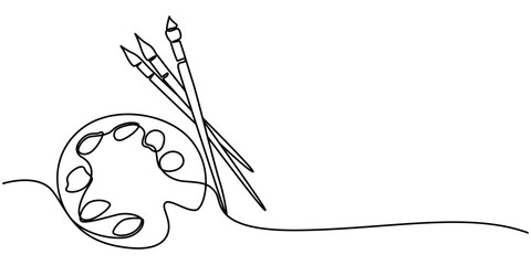 Fototapete - Continuous one line drawing of a art materials. Artsy brushes and painting palette one line drawing vector illustration isolated on white background, Continuous Line Drawing of Art Class Icon. Hand