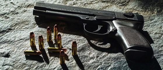 A close-up of a black handgun with bullets on a stone surface, highlighting the details and craftsmanship of the firearm.