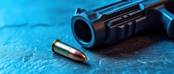 A close-up of a black pistol with a bullet resting beside it on a vibrant blue background, highlighting themes of firearms and ammunition.