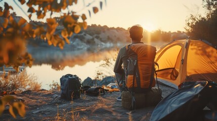 Poster - Man Camping by a Lake at Sunrise