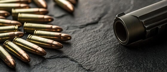 Close-up of a gun barrel with bullets on a dark background, showcasing details of ammunition and firearm craftsmanship.