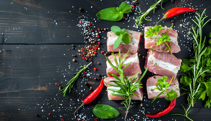 Wall Mural - Pieces of raw pork belly, chili pepper, peppercorns, rosemary and parsley on black wooden table, flat lay