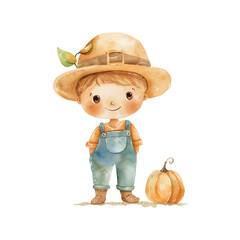 cute pumpkin farmer vector illustration in watercolor style