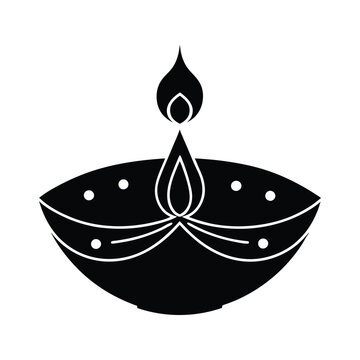 A silhouette vector illustration of a traditional Diwali Diya glowing on a soft pink background.
