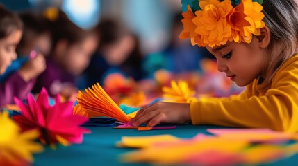 A girl is sitting at a table with other children, making paper flowers. The scene is lively and colorful, with the children enjoying their time together