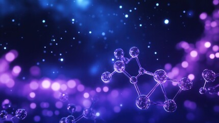 A mesmerizing view of abstract molecular structures illuminated by vibrant purple and blue light in a cosmic background