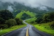 © AI Farm - A winding road through lush green hills, framed by misty mountains, creating a serene and tranquil landscape.