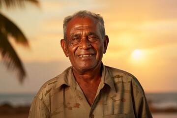 Wall Mural - Portrait of a glad indian man in his 70s sporting a breathable mesh jersey in stunning sunset beach background