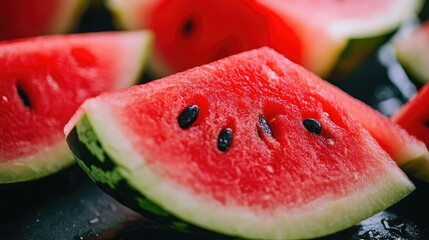 A close-up shot of perfectly sliced watermelon wedges, revealing the juicy red flesh and black seeds, placed on a kitchen countertop.