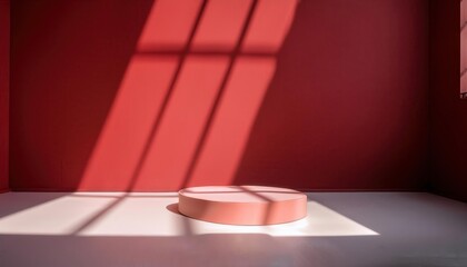 Poster - Abstract Sunlight Shadows on Red Wall. Minimalist Interior Scene with Geometric Light Patterns on Smooth Surface. Background For Product Mockup Presentation