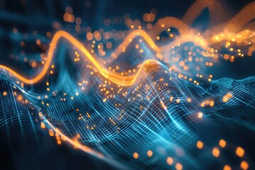 Poster - Dynamic abstract waves with glowing particles and vibrant colors creating a futuristic digital landscape and energy flow.